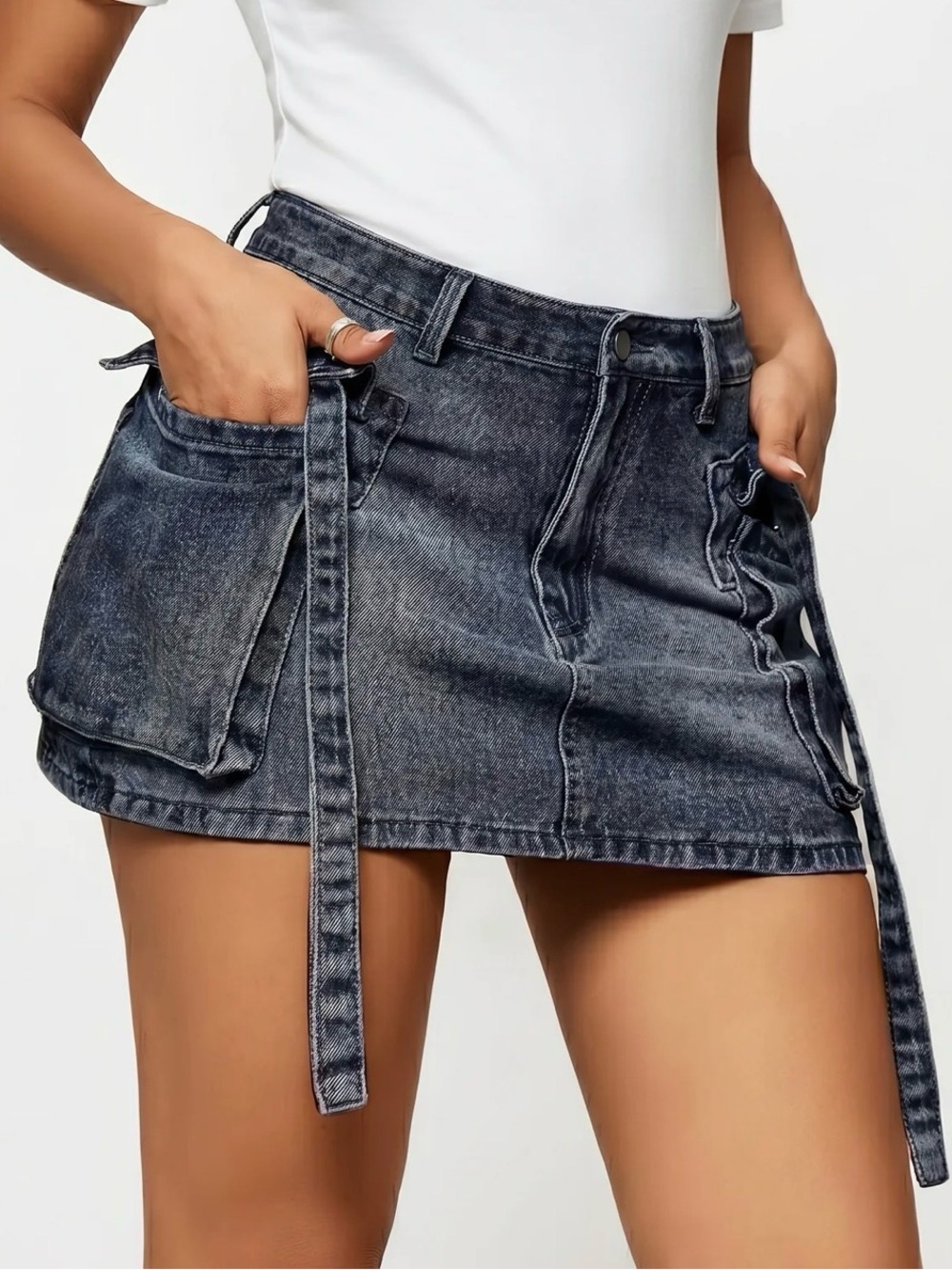 Washed Denim Utility Denim Mini Skirt